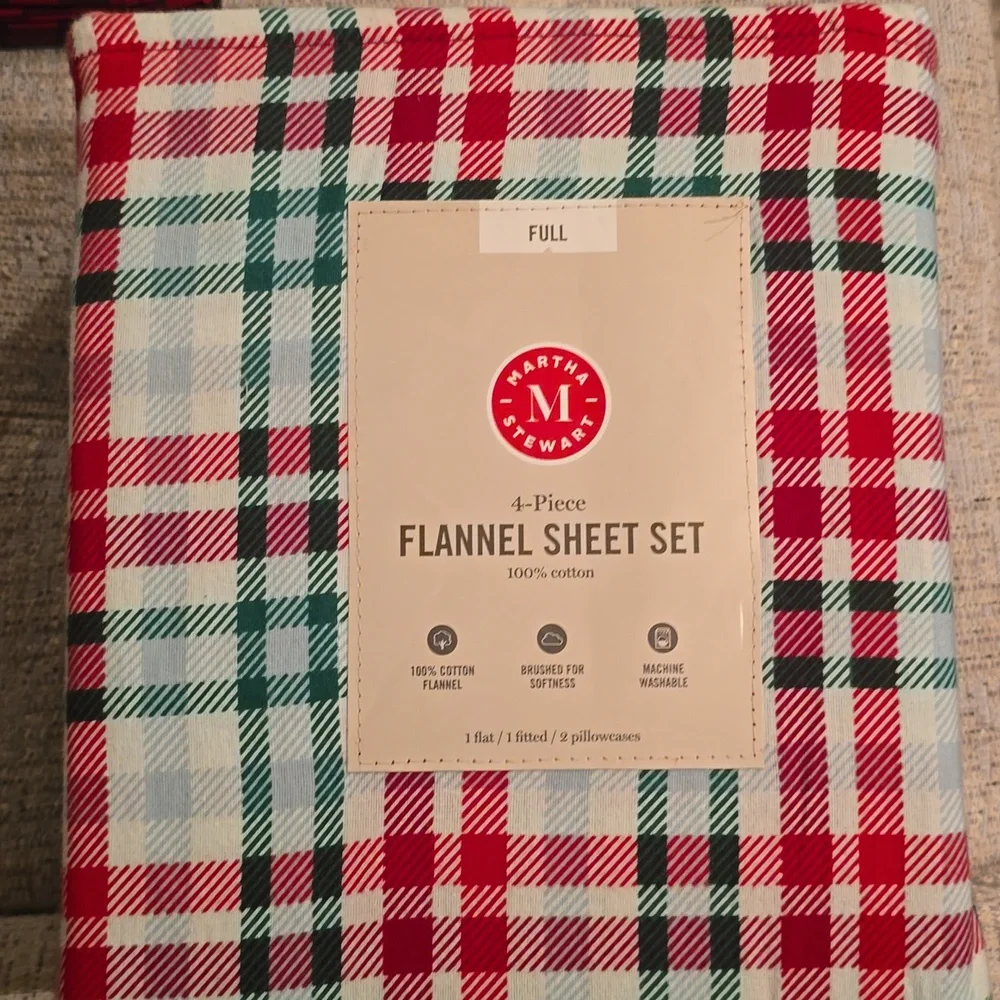 MARTHA STEWART BRAND PLAID HOLIDAY FLANNEL SHEET SET FULL SIZE